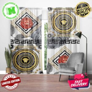 Versace Luxury Yellow Signature Logo With Red And Grey Lion Head Pattern In White Background Window Curtain