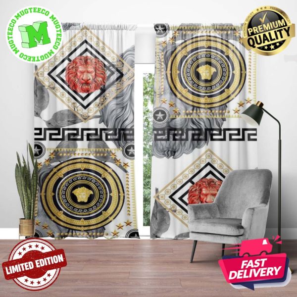 Versace Luxury Yellow Signature Logo With Red And Grey Lion Head Pattern In White Background Window Curtain Versace Luxury Yellow Signature Logo With Red And Grey Lion Head Pattern In White Background Window Curtain