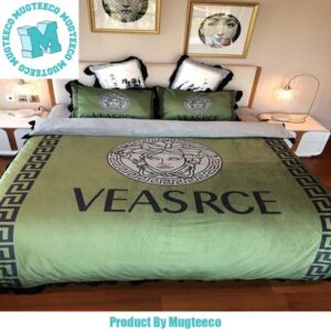 Versace Medusa Head Big Logo Black And Greca Boder In Green Bedding Set