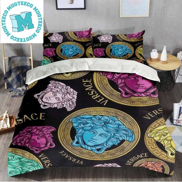 Versace Seven Color Medusa Head Logo And Circle Greca Border Bedding Set King Size Versace Seven Color Medusa Head Logo And Circle Greca Border Bedding Set King Size