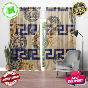 Versace Signature Black Medusa With Navy Blue Greca And Golden Baroque Pattern In Beige Background Window Curtain