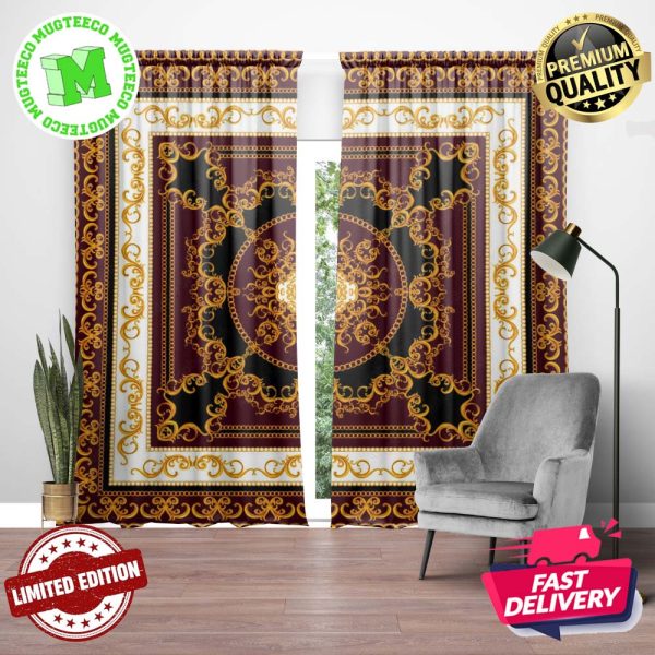 Versace Signature Golden Luxury Chain And Baroque Pattern In Maroon And White Background Window Curtain Versace Signature Golden Luxury Chain And Baroque Pattern In Maroon And White Background Window Curtain