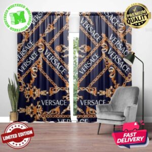 Versace Signature Monogram Golden Chain Pattern In Dark Blue Theme Window Curtain