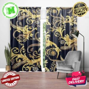 Versace Signature Yellow Baroque Pattern In Black Background Window Curtain