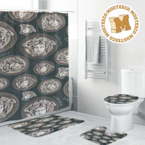 Versace Silver Logo In Slate Blue Background Background Bathroom Accessories Set