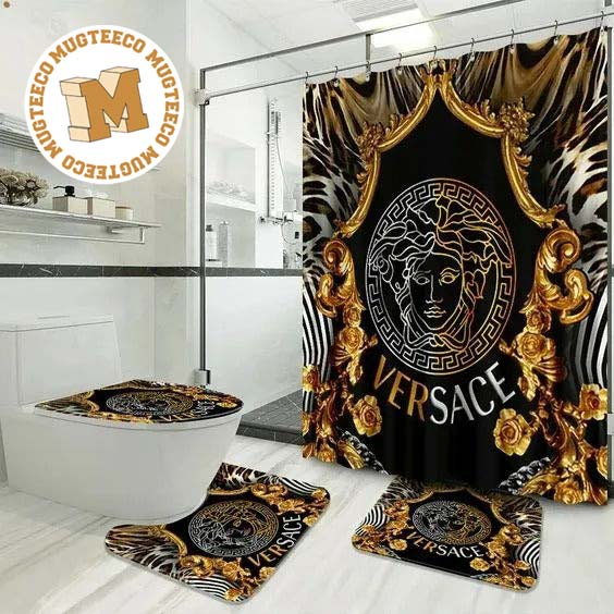 Versace White And Yellow Logo With Golden Baroque Pattern In Black Base Bathroom Collection Versace White And Yellow Logo With Golden Baroque Pattern In Black Base Bathroom Collection