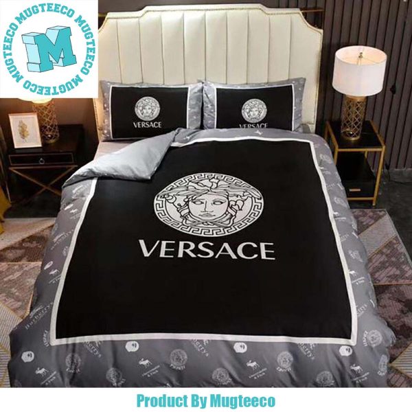 Versace White Logo In Black In The Middle And Gray On The Outside Most Comfortable Bedding Set Versace White Logo In Black In The Middle And Gray On The Outside Most Comfortable Bedding Set