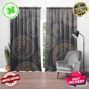 Versace Yellow And Grey Signature Logo In Dusk Background Window Curtain