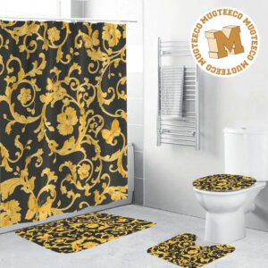 Versace Yellow Baroque Pattern In Black Background Bathroom Shower Curtain Set
