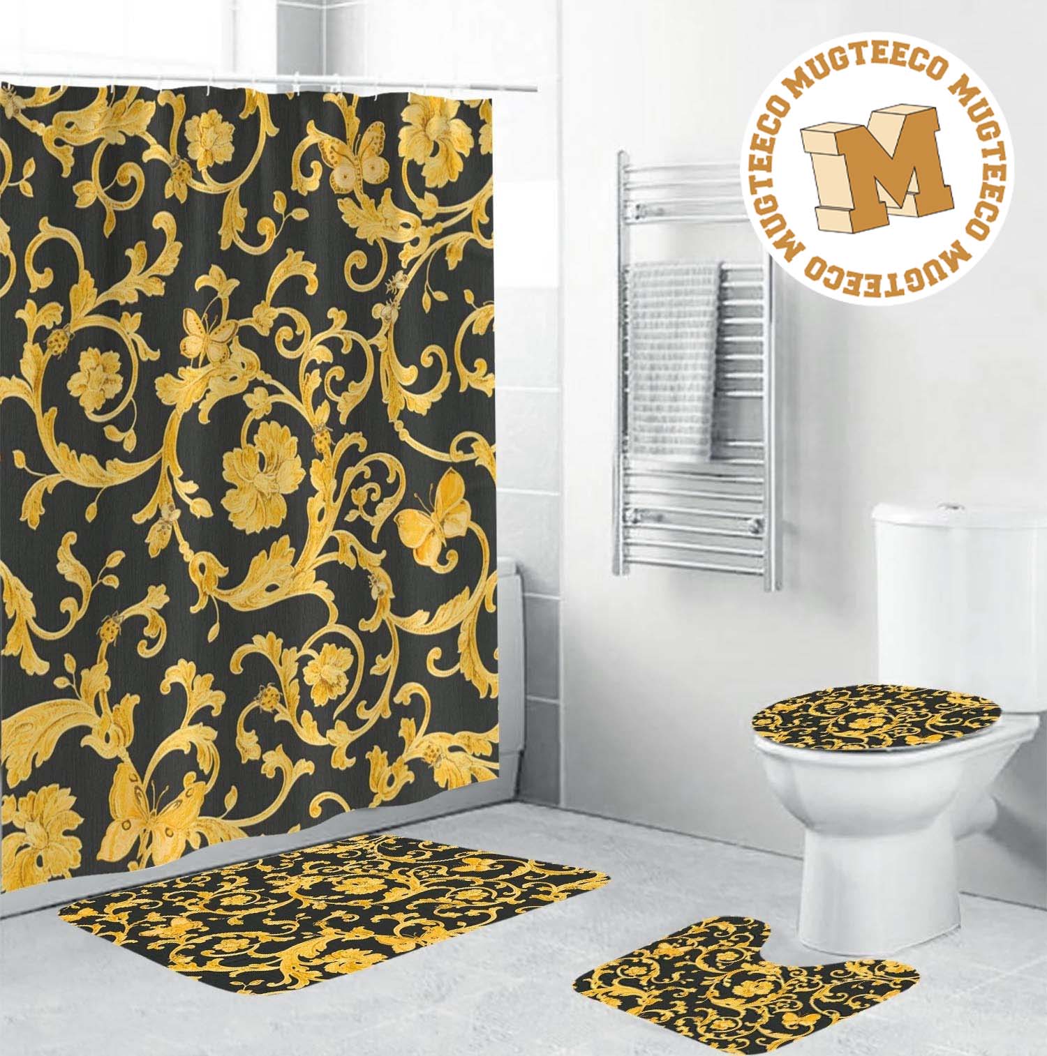 Versace Yellow Baroque Pattern In Black Background Bathroom Shower Curtain Set Versace Yellow Baroque Pattern In Black Background Bathroom Shower Curtain Set