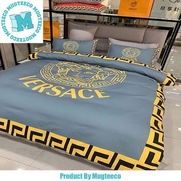 Versace Yellow Logo Greca Boder In Blue Most Comfortable Bedding Set Versace Yellow Logo Greca Boder In Blue Most Comfortable Bedding Set