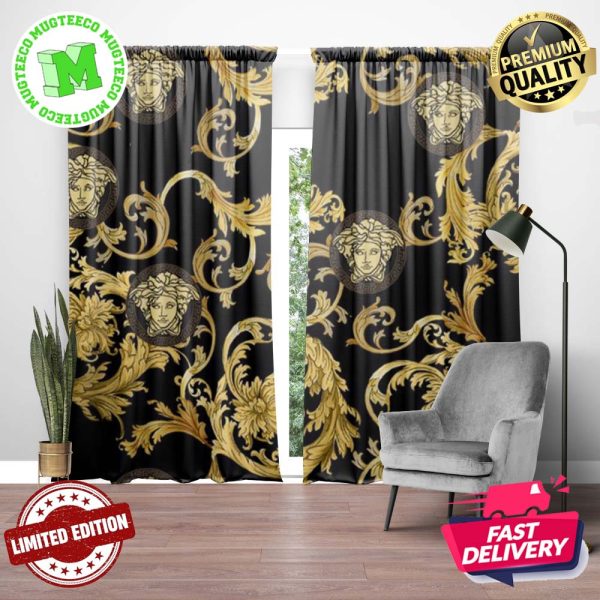 Versace Yellow Signature Logo and Baroque Pattern In Black Background Window Curtain Versace Yellow Signature Logo and Baroque Pattern In Black Background Window Curtain