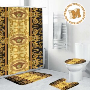 Versace Yellow Signatures With Golden Baroque Pattern In Black Base Background Bathroom Accessories Set