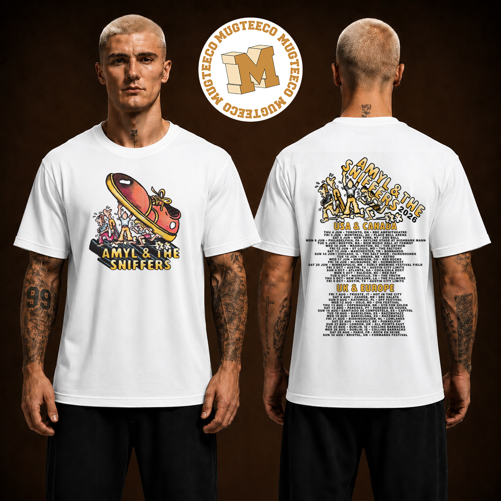 Amyl And The Sniffers Cartoon 2026 Cartoon USA And Canada UK And Europe Two Sided Unisex White T Shirt Amyl And The Sniffers Cartoon 2026 Cartoon USA And Canada UK And Europe Two Sided Unisex White T Shirt
