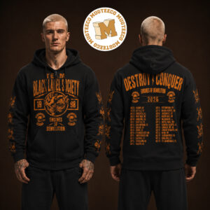 Black Label Society Engines Of Demolition 2026 Destroy And Conquer Tour Two Sided Black Zip Up Hoodie