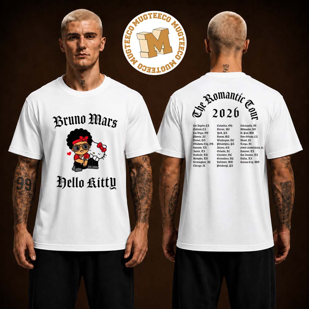 Bruno Mars X Hello Kitty The Romantic Tour 2026 Two Sided Unisex White T Shirt Bruno Mars X Hello Kitty The Romantic Tour 2026 Two Sided Unisex White T Shirt