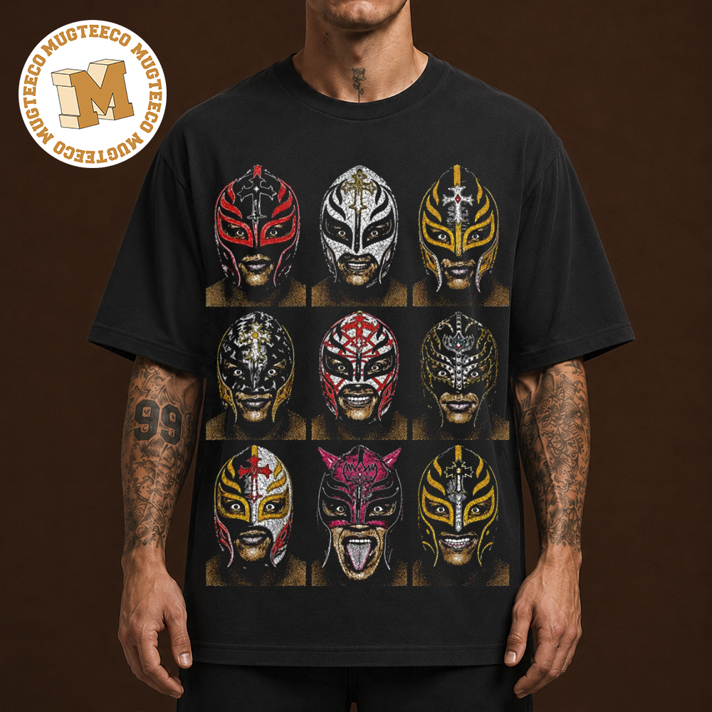 WWF Images Of The Nine Iconic Masks Of Rey Mysterio Unisex T Shirt WWF Images Of The Nine Iconic Masks Of Rey Mysterio Unisex T Shirt