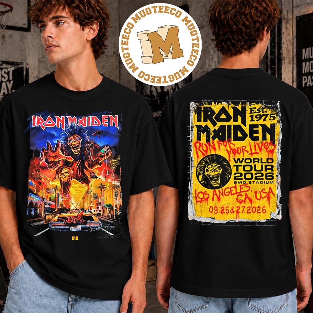 Iron Maiden Run For Your Lives World Tour 2026 Los Angeles CA 2026 Merch Tee Ayt BMO Stadium On Septmber 25 And 27 2026 Two Sided Unisex T-Shirt Iron Maiden Run For Your Lives World Tour 2026 Los Angeles CA 2026 Merch Tee Ayt BMO Stadium On Septmber 25 And 27 2026 Two Sided Unisex T-Shirt