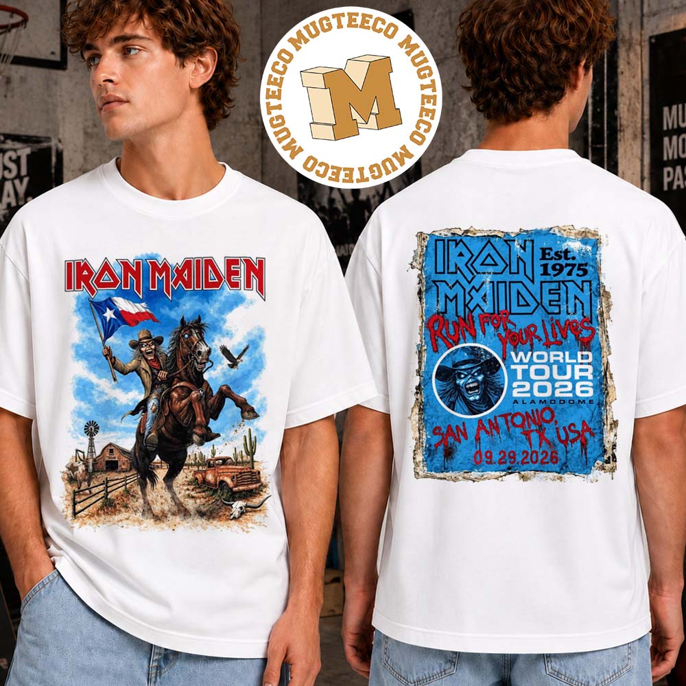 Iron Maiden Run For Your Lives World Tour 2026 San Antonio TX Merch Tee At Alamodome On September 29 2026 Two Sided Unisex White T-Shirt Iron Maiden Run For Your Lives World Tour 2026 San Antonio TX Merch Tee At Alamodome On September 29 2026 Two Sided Unisex White T-Shirt