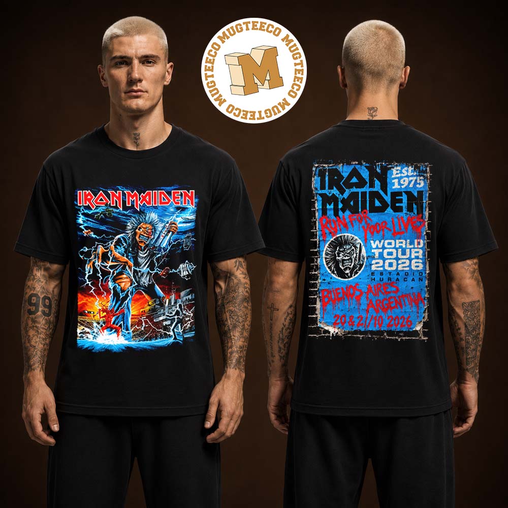 Iron Maiden Run For Your Lives World Tour Buenos Aires Argentina 2026 Merch Tee At Estadio Hurácan On October 20 And 21 2026 Two Sided Unisex Black T-Shirt Iron Maiden Run For Your Lives World Tour Buenos Aires Argentina 2026 Merch Tee At Estadio Hurácan On October 20 And 21 2026 Two Sided Unisex Black T-Shirt