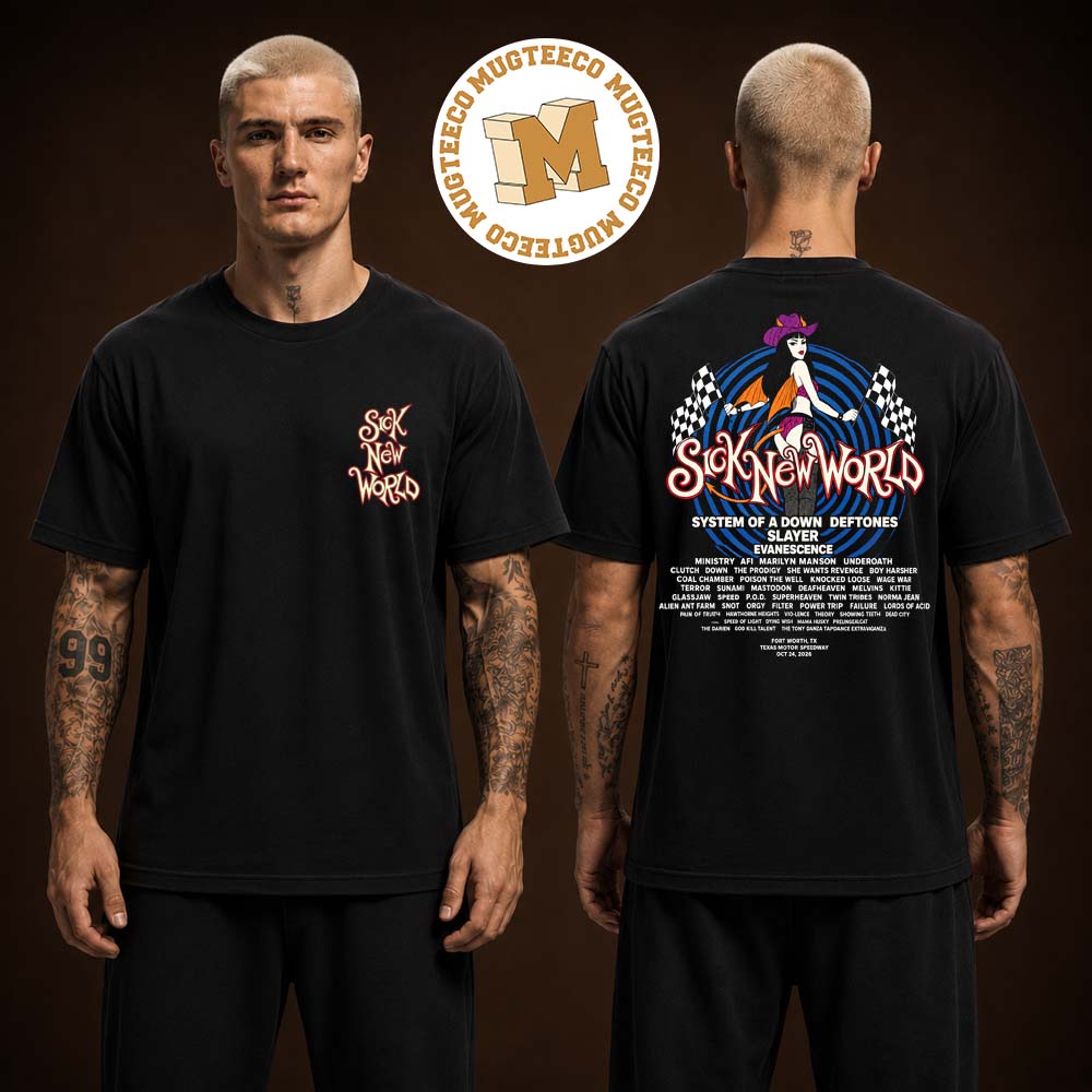 Sick New World Frot Worth TX 2026 Merch Tee At Texas Motor Speedway On October 24 2026 Two Sided Unisex Black T-Shirt Sick New World Frot Worth TX 2026 Merch Tee At Texas Motor Speedway On October 24 2026 Two Sided Unisex Black T-Shirt